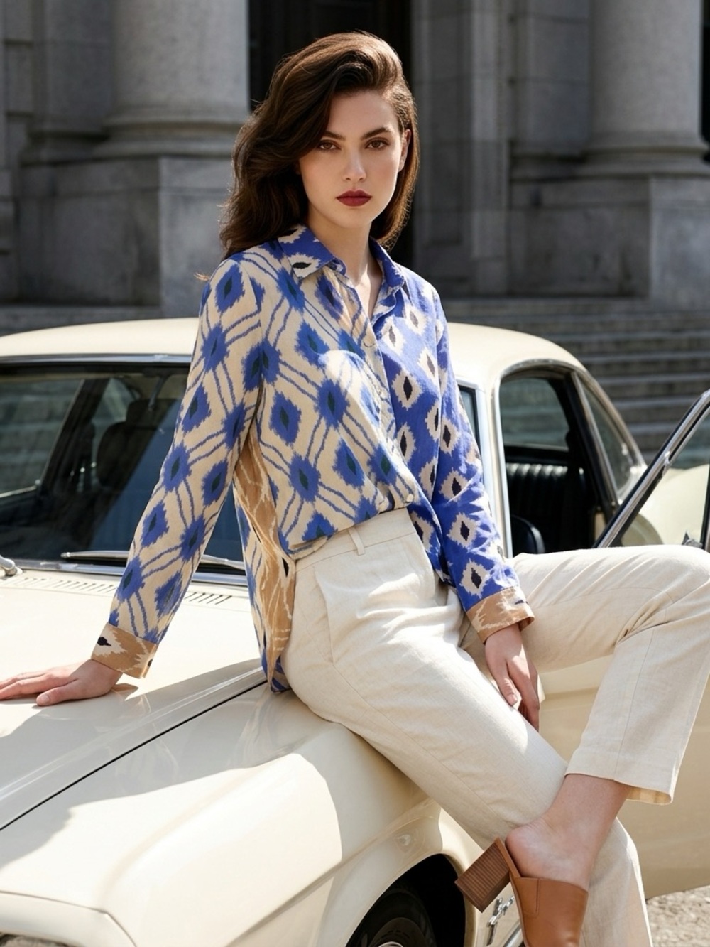 Zara Cream and Bright Blue Ikat-Print Blouse